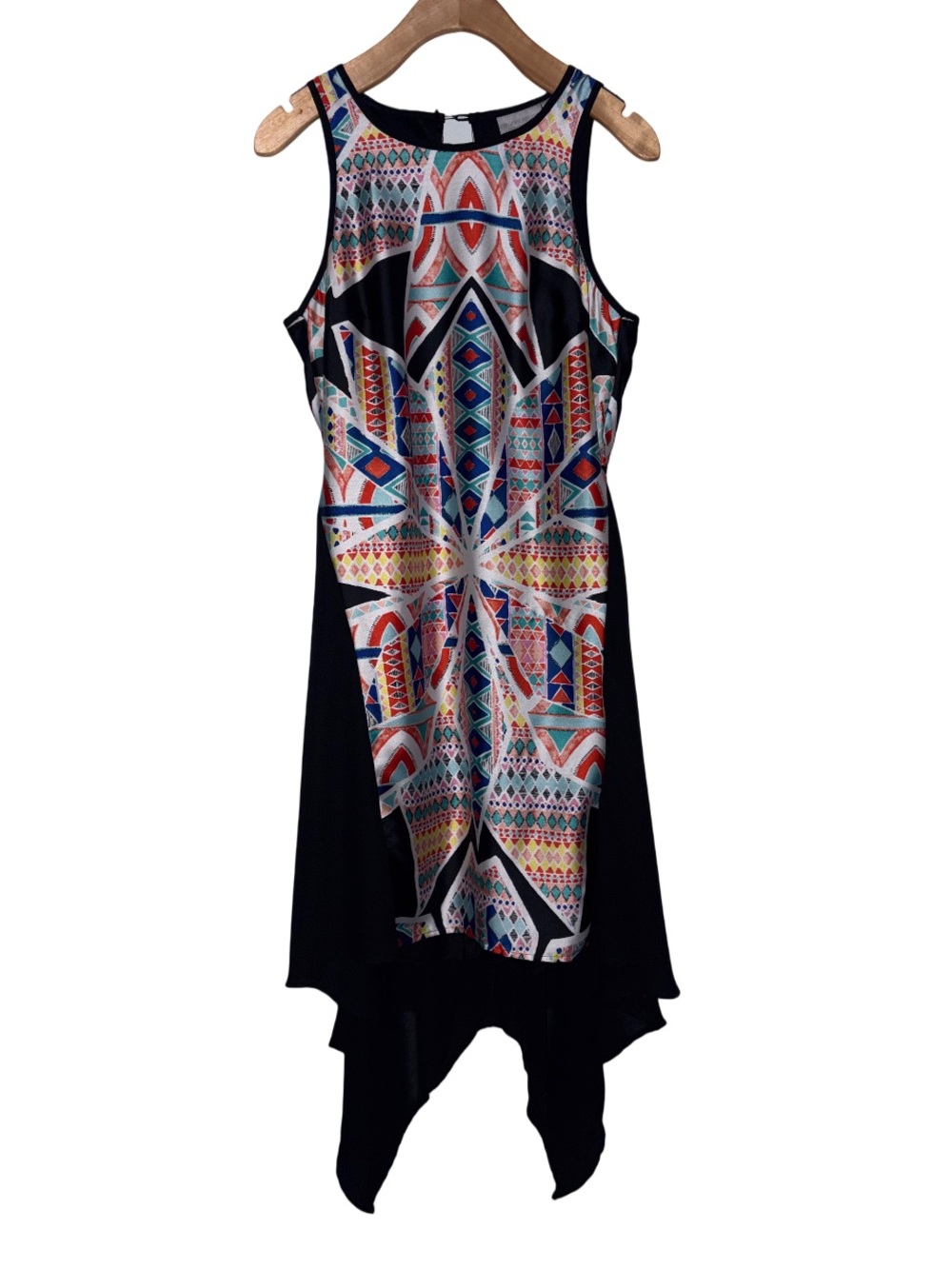 Bisou Bisou Geometric Abstract Multicolor Asymmetrical Hi-Lo Dress
